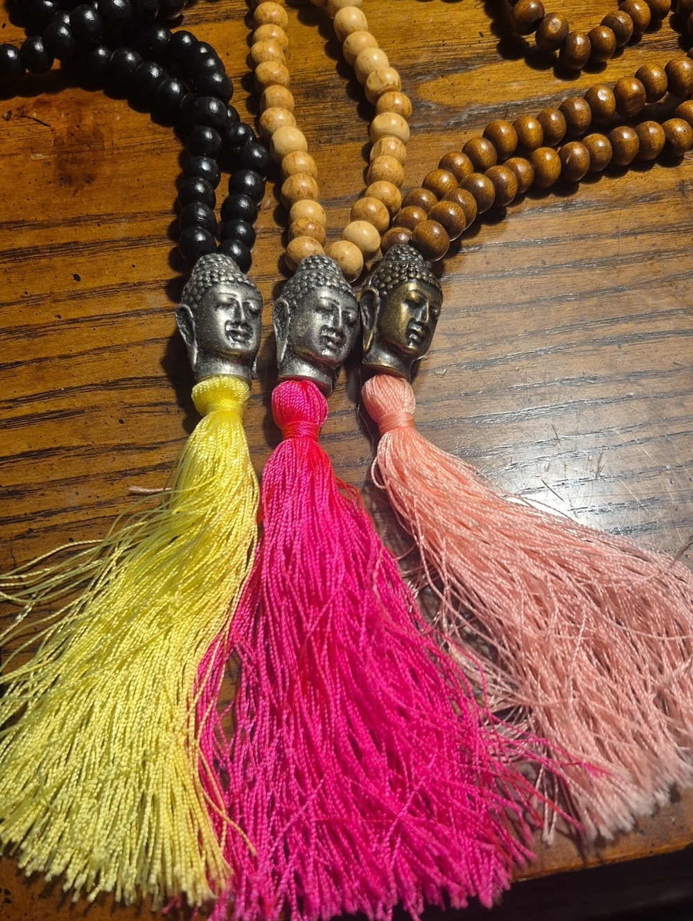 Vintage Buddha Tassel Wooden Beaded Necklaces Set Of 3